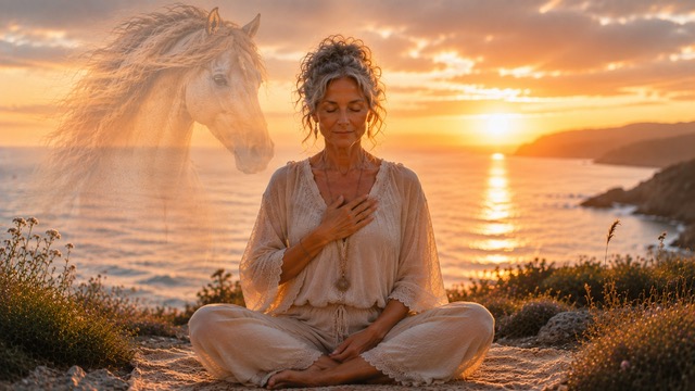 A woman meditating at sunset by the sea, a white horse appearing softly beside her